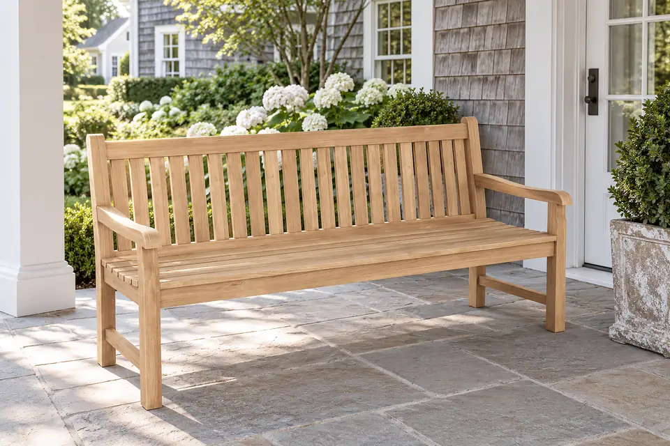 A teak bench on a lawn