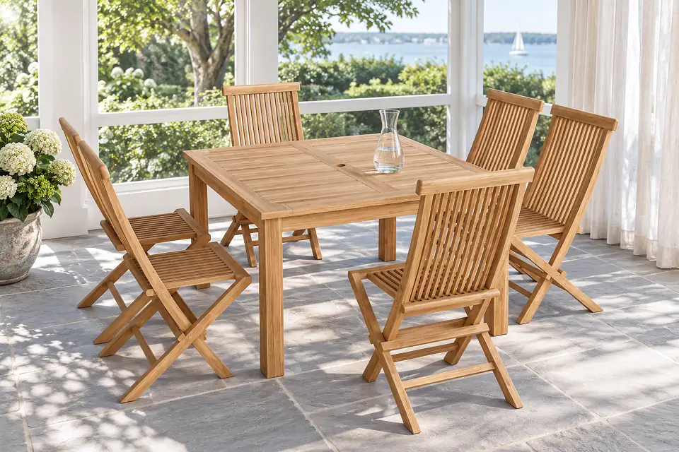 Teak folding chairs on a Hamptons porch