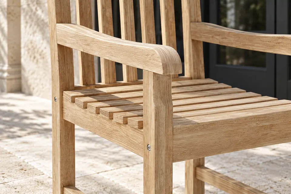 Teak armrest and leg joint, grain up close