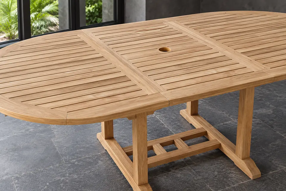 The butterfly leaf of a teak extension table stored under the top