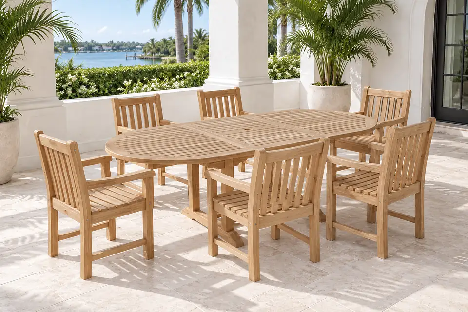 A teak dining set in a Palm Beach loggia