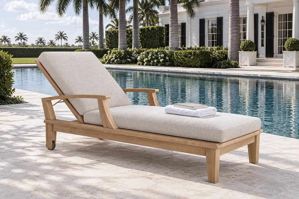 A teak lounger on a pool deck