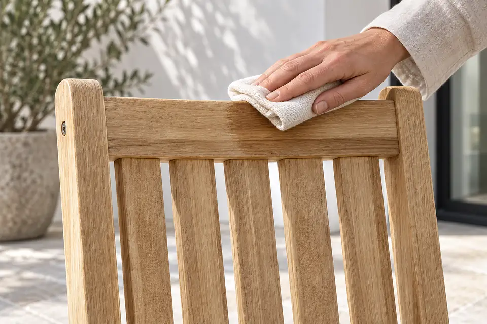 Oiling a teak tabletop with a soft cloth