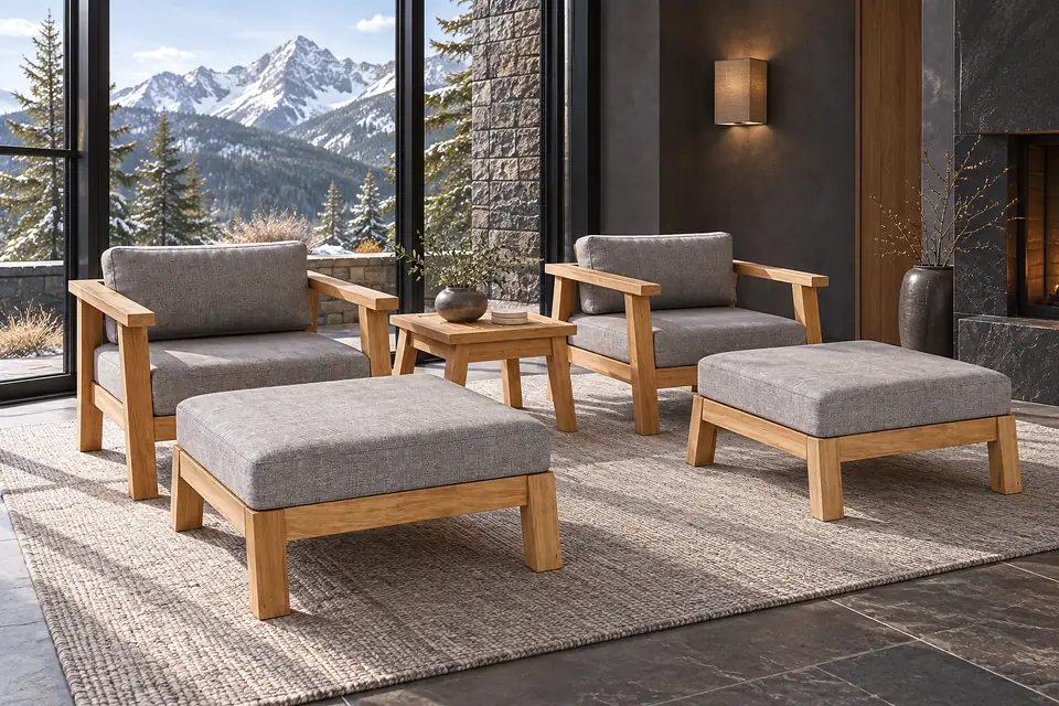 Deep seating and a teak side table in an Aspen great room