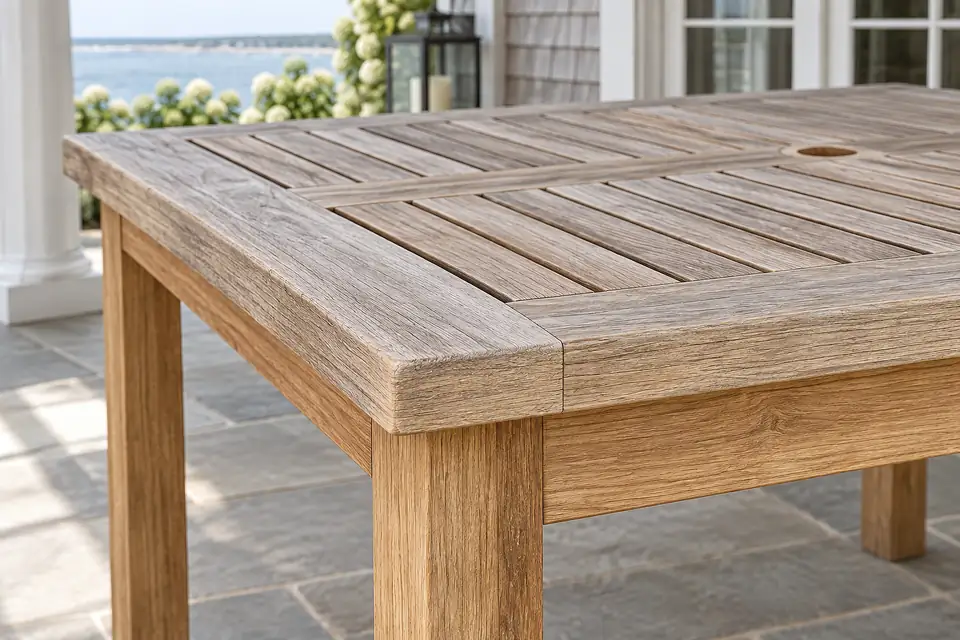Teak left outdoors weathering to silver gray