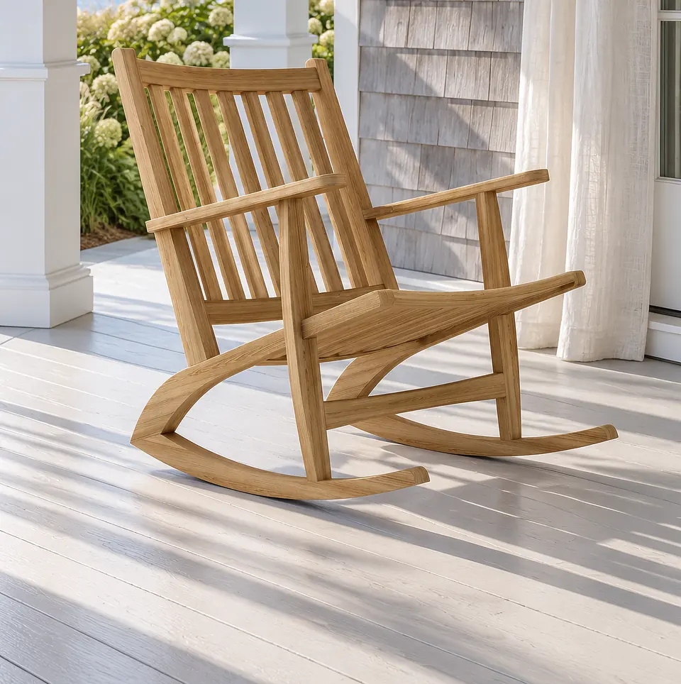 A teak rocker on a Nantucket porch
