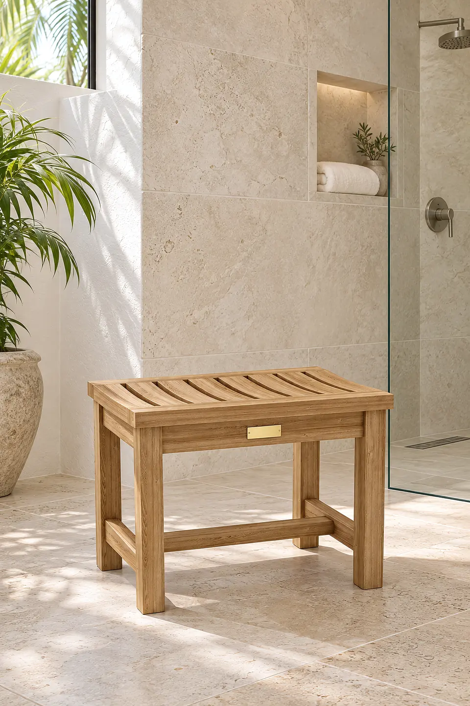 Teak in a sunlit Palm Beach shower room