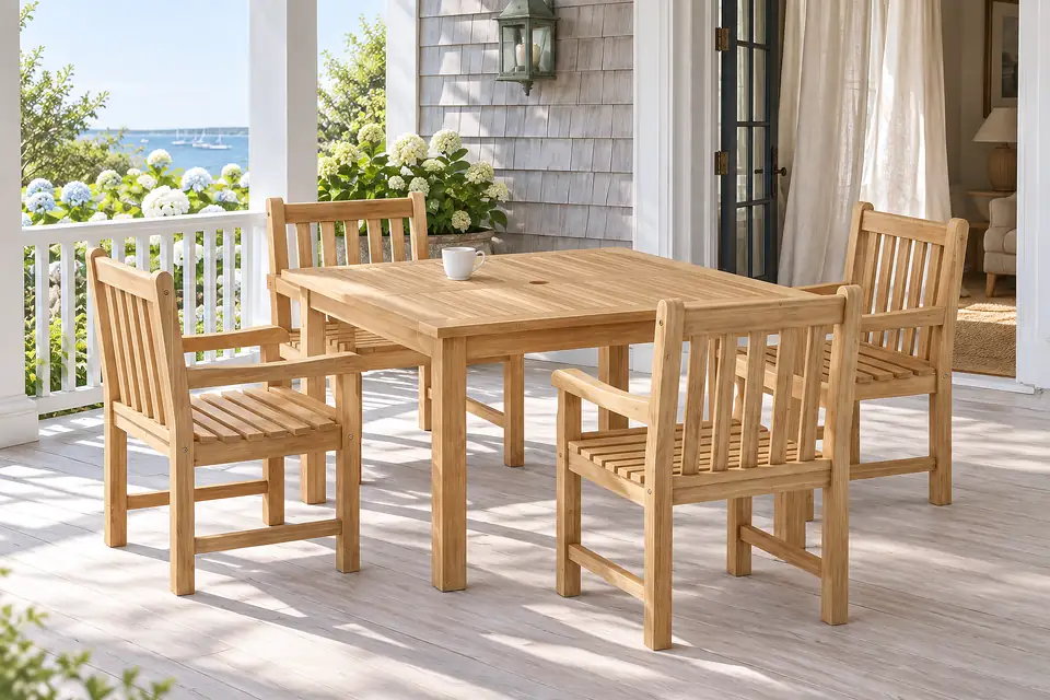 Windsor teak set on a Nantucket porch