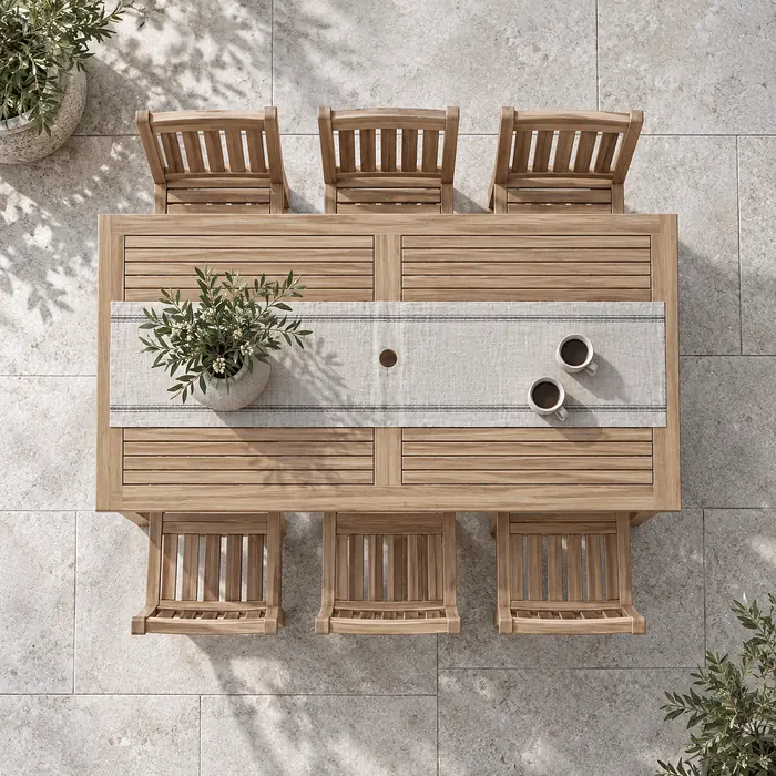 The Sonoma set from straight above on pale limestone pavers, three chairs on each side
